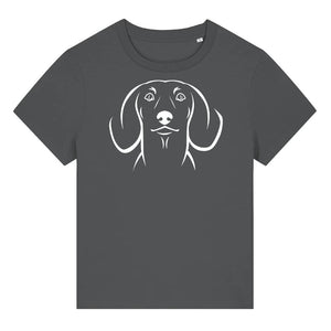 White outline illustration of the head of a Dachshund on the front of an anthracite grey ladies t-shirt