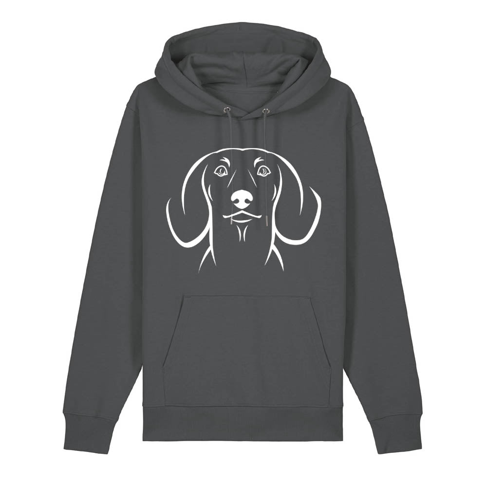 White outline illustration of the head of a Dachshund on the front of an anthracite grey unisex Hoodie