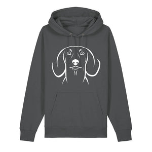 White outline illustration of the head of a Dachshund on the front of an anthracite grey unisex Hoodie
