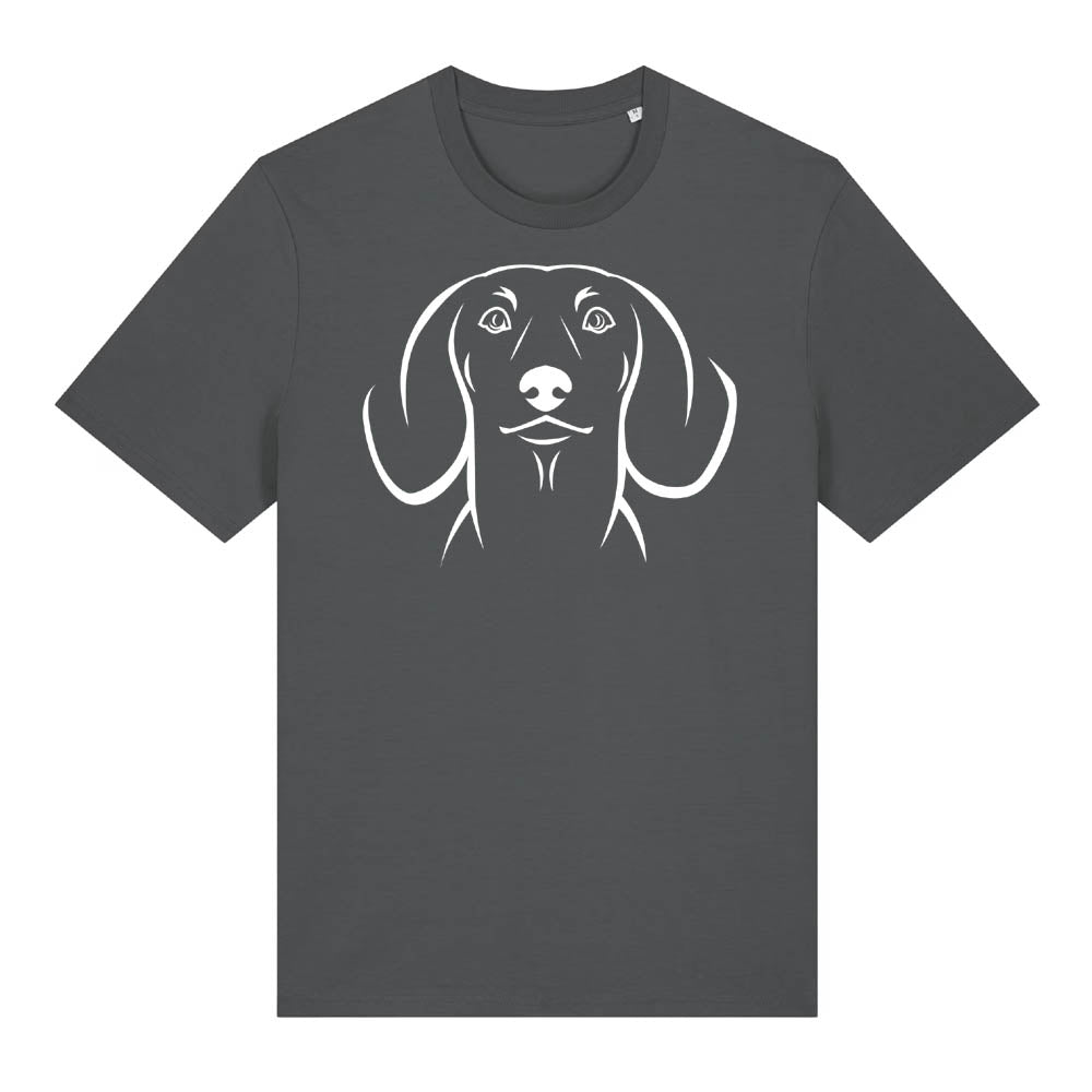 White outline illustration of the head of a Dachshund on the front of an anthracite grey unisex t-shirt