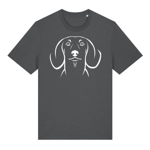 White outline illustration of the head of a Dachshund on the front of an anthracite grey unisex t-shirt