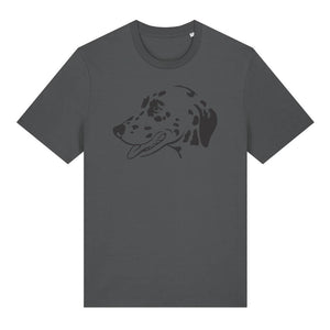 Black outline illustration of the head of a Dalmatian on the front of an anthracite grey unisex t-shirt