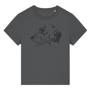 Black outline illustration of the head of a Dalmatian on the front of an anthracite grey ladies t-shirt