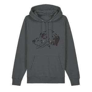 Black outline illustration of the head of a Dalmatian on the front of an anthracite grey unisex Hoodie