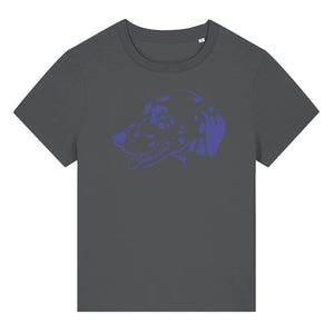 Blue outline illustration of the head of a Dalmatian on the front of an anthracite grey ladies t-shirt