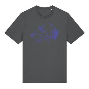 Blue outline illustration of the head of a Dalmatian on the front of an anthracite grey unisex t-shirt