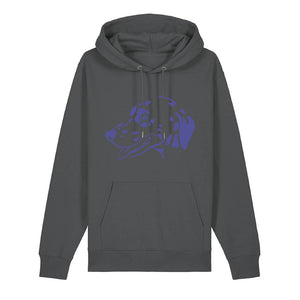 Blue outline illustration of the head of a Dalmatian on the front of an anthracite grey unisex Hoodie