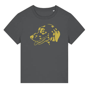 Gold outline illustration of the head of a Dalmatian on the front of an anthracite grey ladies t-shirt