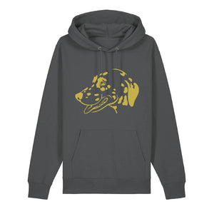Gold outline illustration of the head of a Dalmatian on the front of an anthracite grey unisex Hoodie