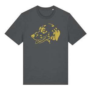 Gold outline illustration of the head of a Dalmatian on the front of an anthracite grey unisex t-shirt