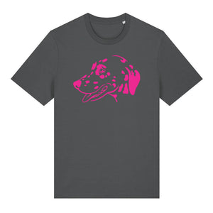 Magenta outline illustration of the head of a Dalmatian on the front of an anthracite grey unisex t-shirt