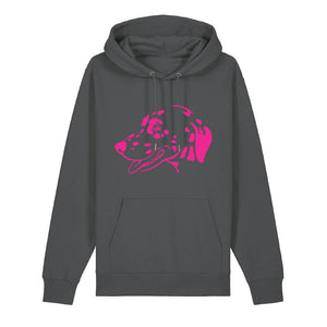 Magenta outline illustration of the head of a Dalmatian on the front of an anthracite grey unisex Hoodie