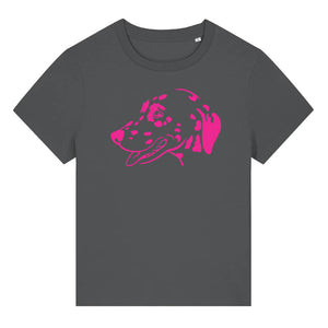 Magenta outline illustration of the head of a Dalmatian on the front of an anthracite grey ladies t-shirt