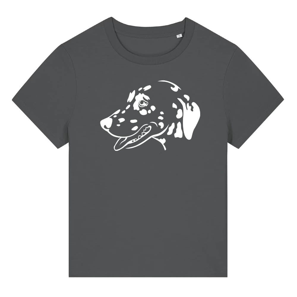 White outline illustration of the head of a Dalmatian on the front of an anthracite grey ladies t-shirt