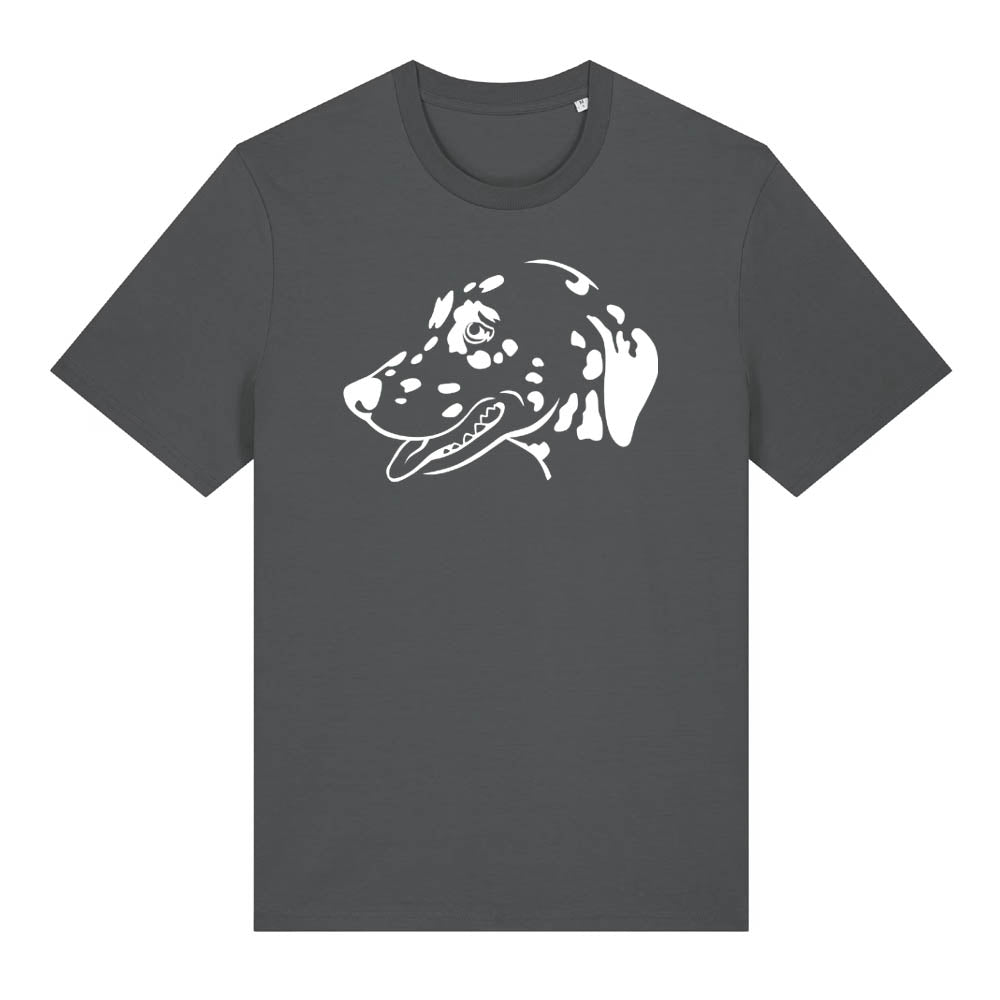 White outline illustration of the head of a Dalmatian on the front of an anthracite grey unisex t-shirt