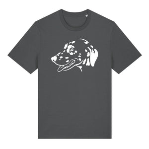 White outline illustration of the head of a Dalmatian on the front of an anthracite grey unisex t-shirt