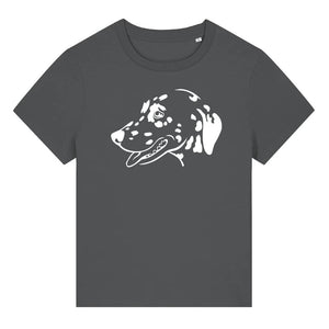 White outline illustration of the head of a Dalmatian on the front of an anthracite grey ladies t-shirt