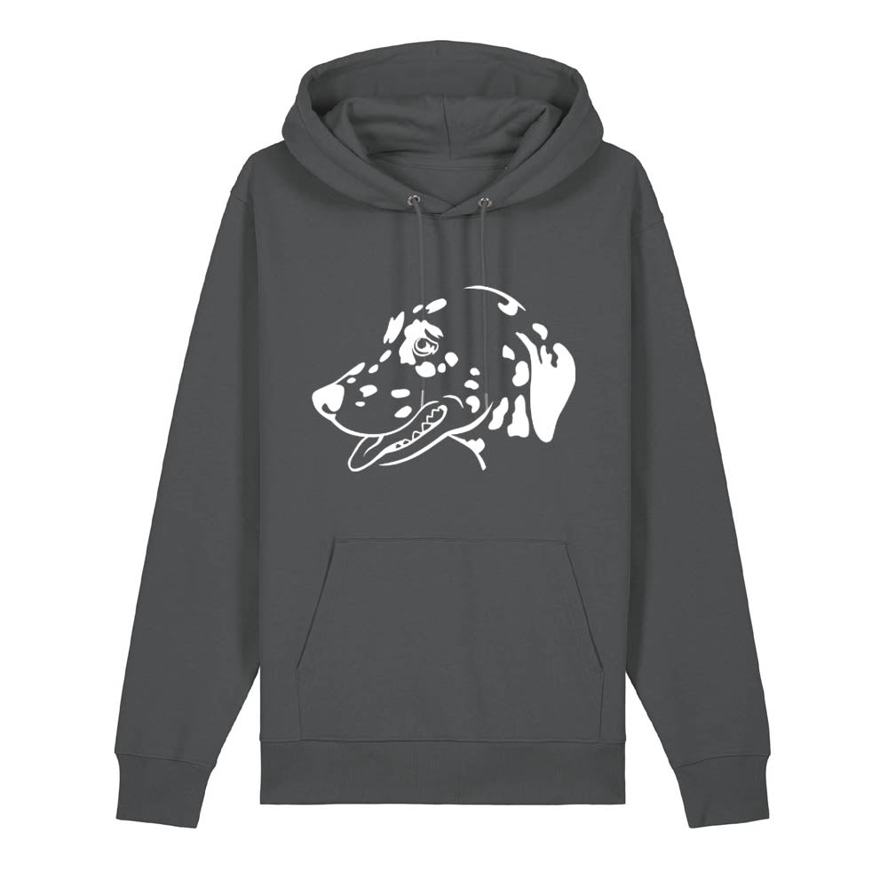 White outline illustration of the head of a Dalmatian on the front of an anthracite grey unisex Hoodie