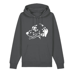 White outline illustration of the head of a Dalmatian on the front of an anthracite grey unisex Hoodie