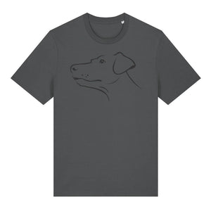Black outline illustration of the head of a Dobermann on the front of an anthracite grey unisex t-shirt