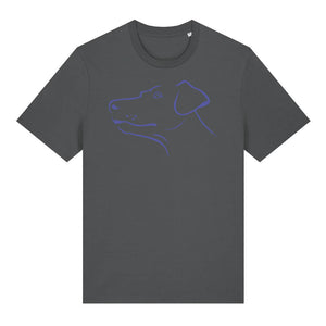 Blue outline illustration of the head of a Dobermann on the front of an anthracite grey unisex t-shirt