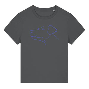 Blue outline illustration of the head of a Dobermann on the front of an anthracite grey ladies t-shirt