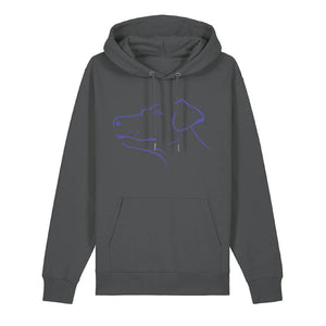 Blue outline illustration of the head of a Dobermann on the front of an anthracite grey unisex Hoodie