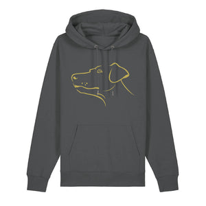 Gold outline illustration of the head of a Dobermann on the front of an anthracite grey unisex Hoodie