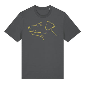 Gold outline illustration of the head of a Dobermann on the front of an anthracite grey unisex t-shirt