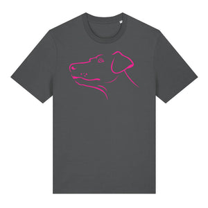 Magenta outline illustration of the head of a Dobermann on the front of an anthracite grey unisex t-shirt
