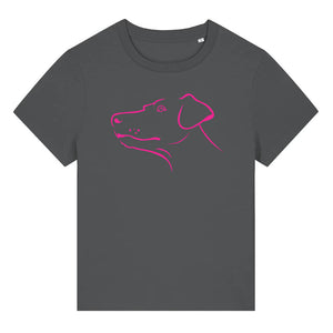 Magenta outline illustration of the head of a Dobermann on the front of an anthracite grey ladies t-shirt