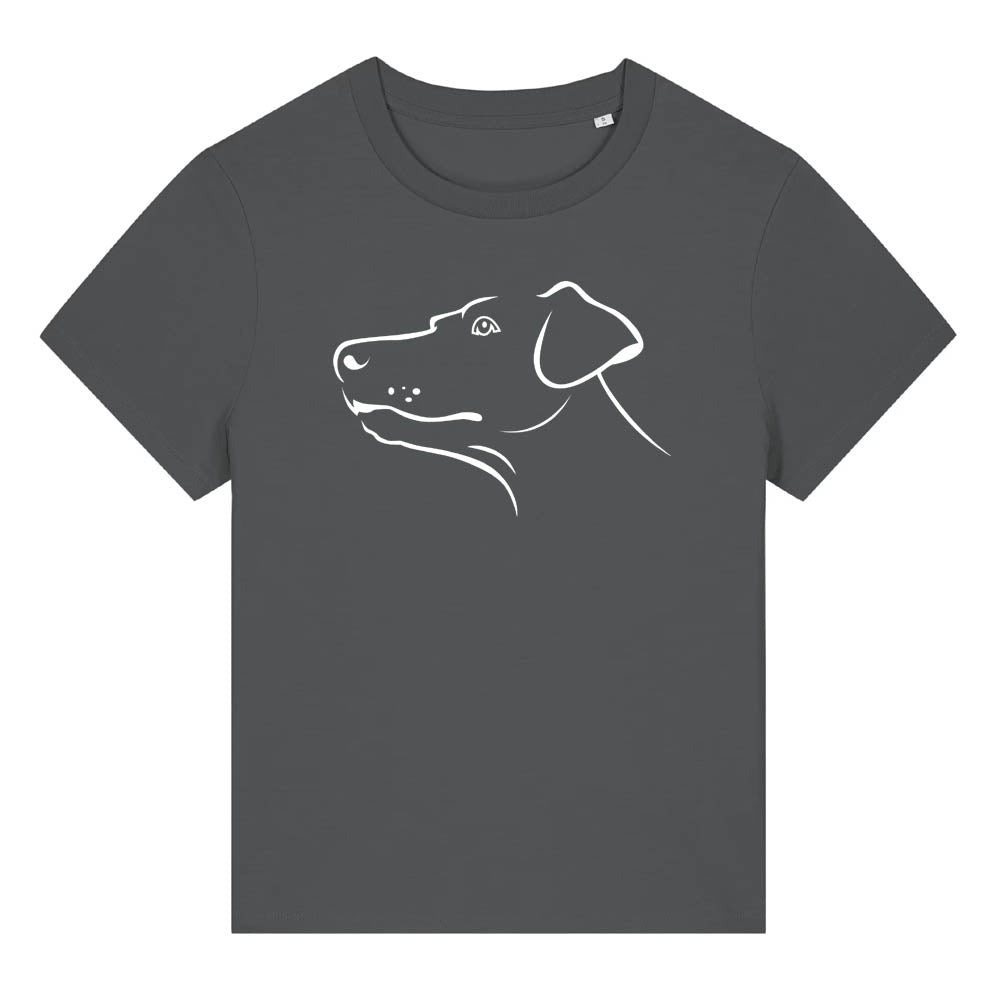 White outline illustration of the head of a Dobermann on the front of an anthracite grey ladies t-shirt