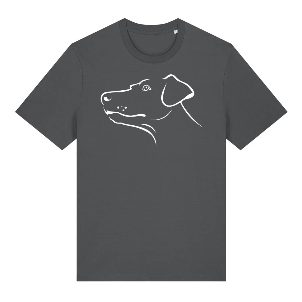 White outline illustration of the head of a Dobermann on the front of an anthracite grey unisex t-shirt