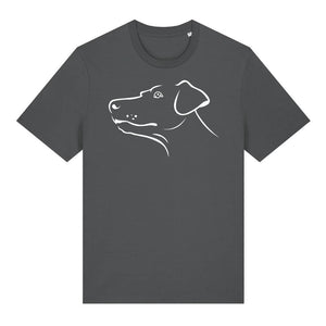 White outline illustration of the head of a Dobermann on the front of an anthracite grey unisex t-shirt