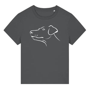White outline illustration of the head of a Dobermann on the front of an anthracite grey ladies t-shirt