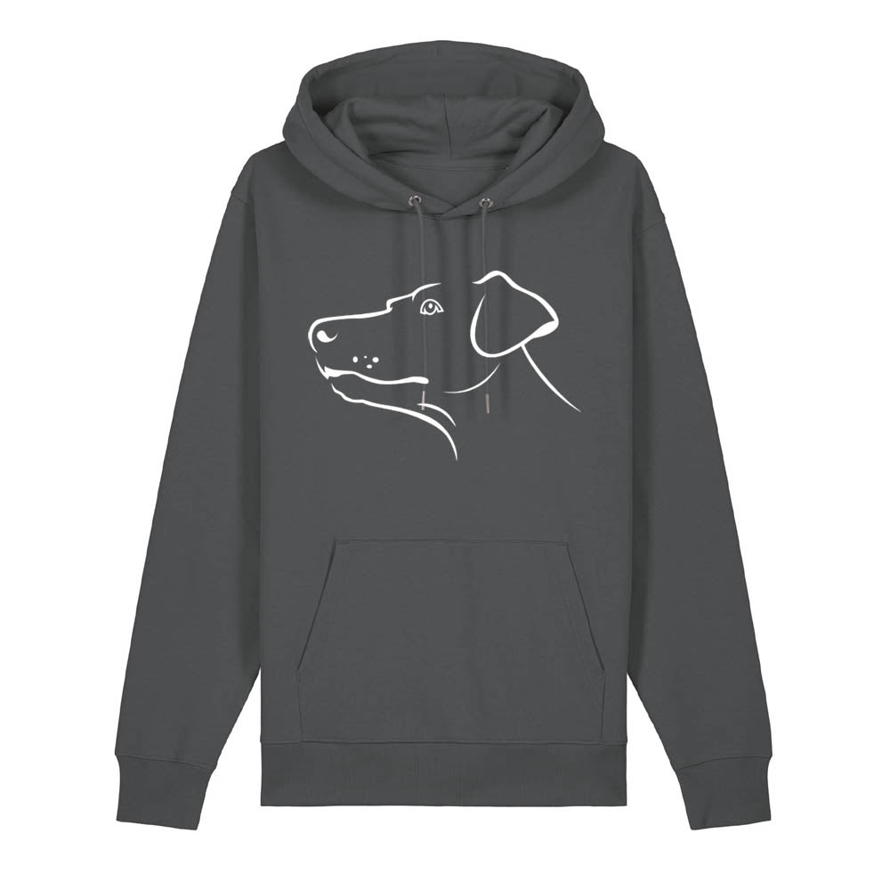 White outline illustration of the head of a Dobermann on the front of an anthracite grey unisex Hoodie