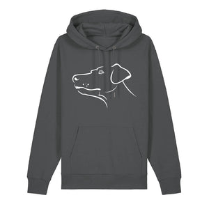 White outline illustration of the head of a Dobermann on the front of an anthracite grey unisex Hoodie