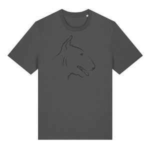 Black outline illustration of the head of an English Bull Terrier on the front of an anthracite grey unisex t-shirt