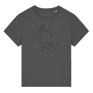 Black outline illustration of the head of a English Bull Terrier on the front of an anthracite grey ladies t-shirt