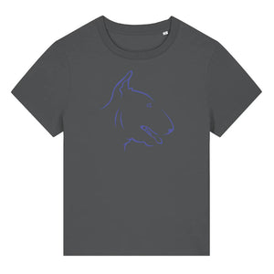 Blue outline illustration of the head of a English Bull Terrier on the front of an anthracite grey ladies t-shirt