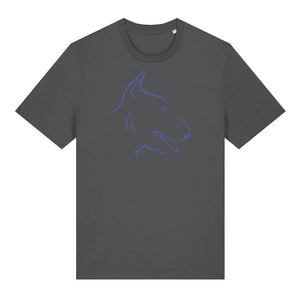 Blue outline illustration of the head of an English Bull Terrier on the front of an anthracite grey unisex t-shirt