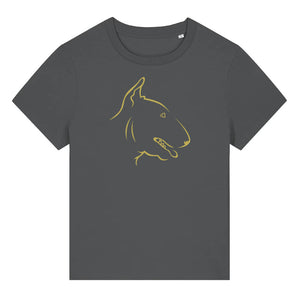 Gold outline illustration of the head of a English Bull Terrier on the front of an anthracite grey ladies t-shirt