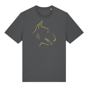 Gold outline illustration of the head of an English Bull Terrier on the front of an anthracite grey unisex t-shirt