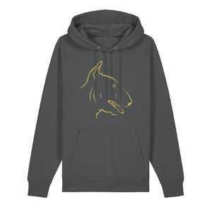 Gold outline illustration of the head of an English Bull Terrier on the front of an anthracite grey unisex Hoodie