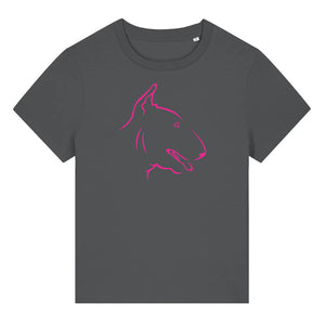 Magenta outline illustration of the head of a English Bull Terrier on the front of an anthracite grey ladies t-shirt