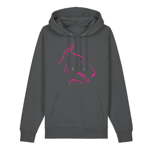 Magenta outline illustration of the head of an English Bull Terrier on the front of an anthracite grey unisex Hoodie