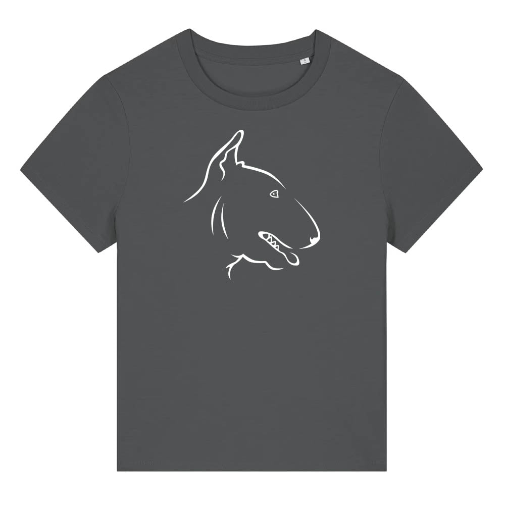 White outline illustration of the head of a English Bull Terrier on the front of an anthracite grey ladies t-shirt
