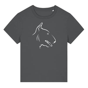 White outline illustration of the head of a English Bull Terrier on the front of an anthracite grey ladies t-shirt