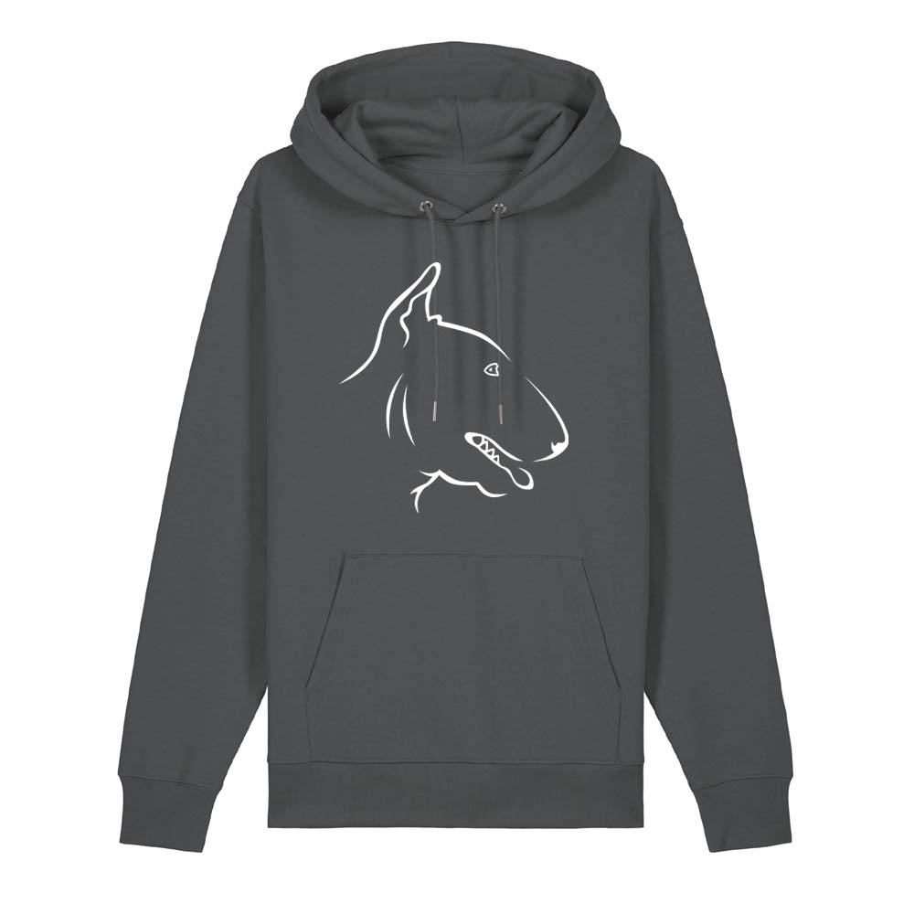 White outline illustration of the head of an English Bull Terrier on the front of an anthracite grey unisex Hoodie