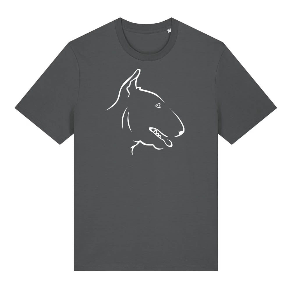 White outline illustration of the head of an English Bull Terrier on the front of an anthracite grey unisex t-shirt